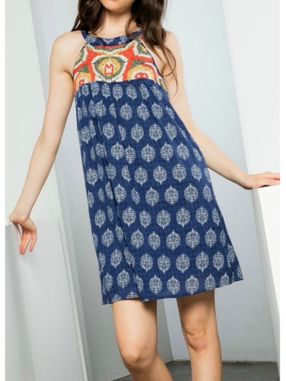 THML Embroidered Boho Shift Dress – Navy Multi | Size Small